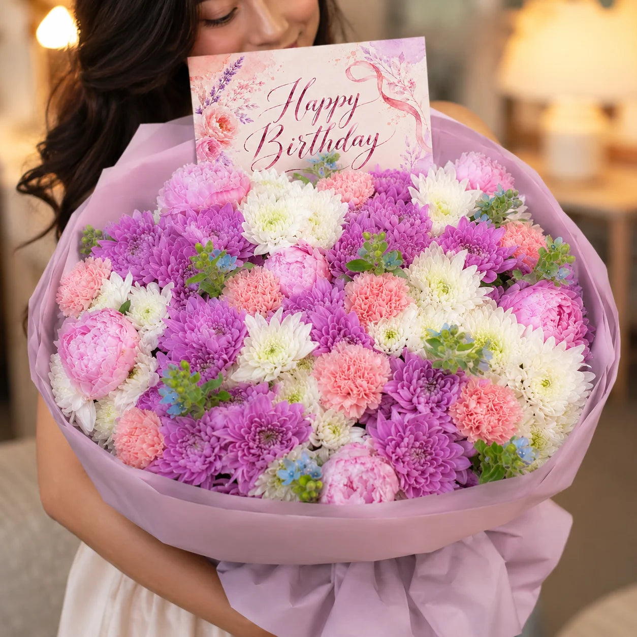 Girl Holding Birthday Flower luxury bouquet with purple, pink, peach, and whie flowers