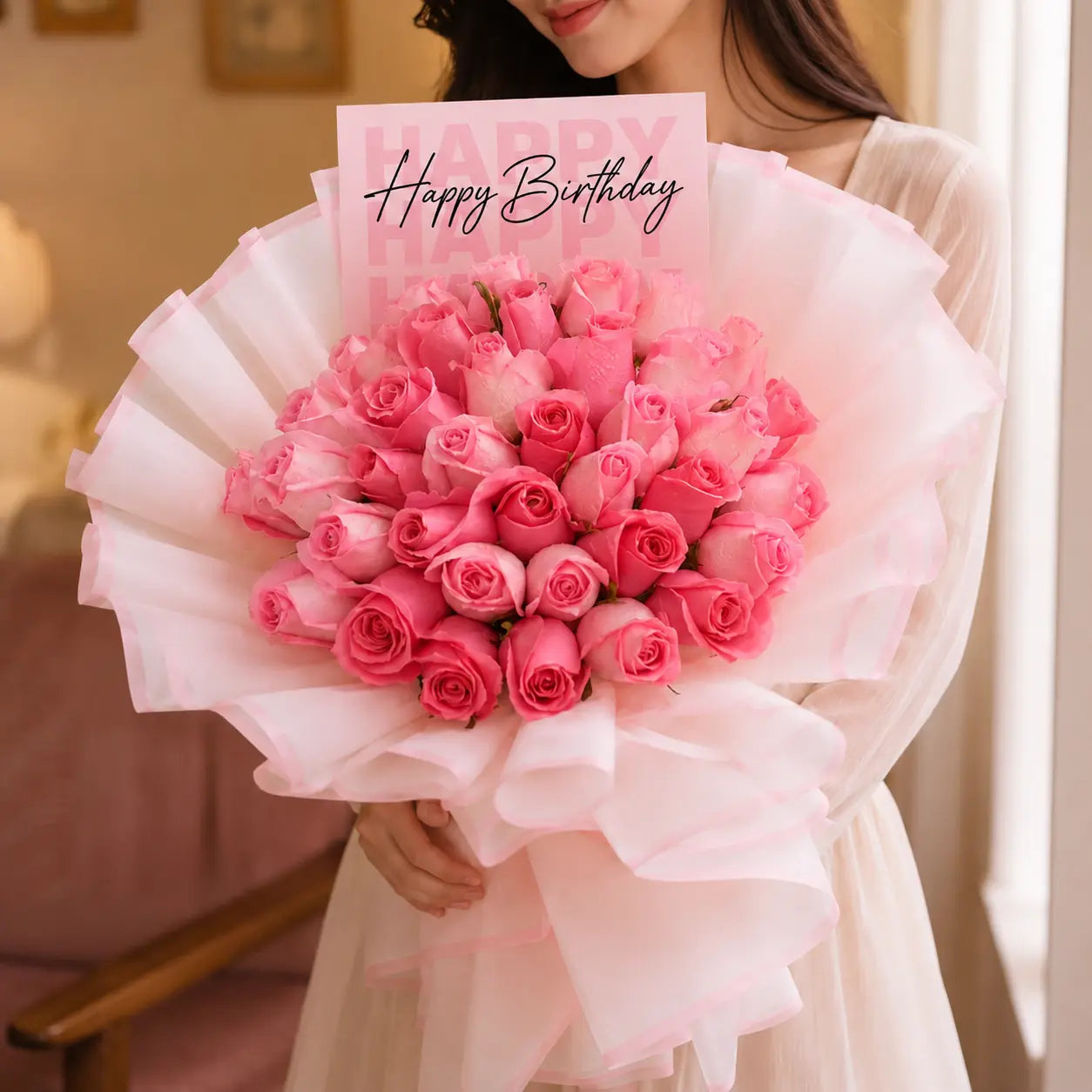 Girl Holding Happy Birthday Pink Roses Special Bouquet with paper saying "Happy birthday"