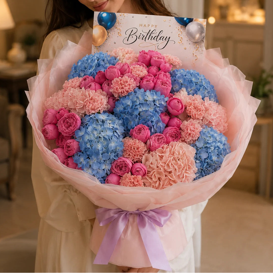 Girl Holding a Birthday Flowers with hydrangea and roses closeup