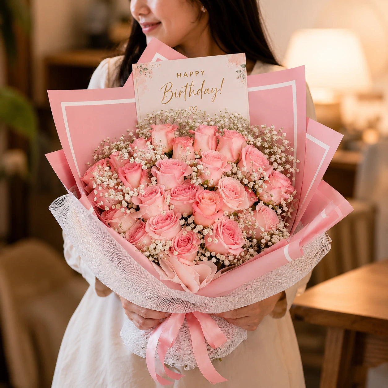 Bouquet of pink roses with a birthday card held by a girl.