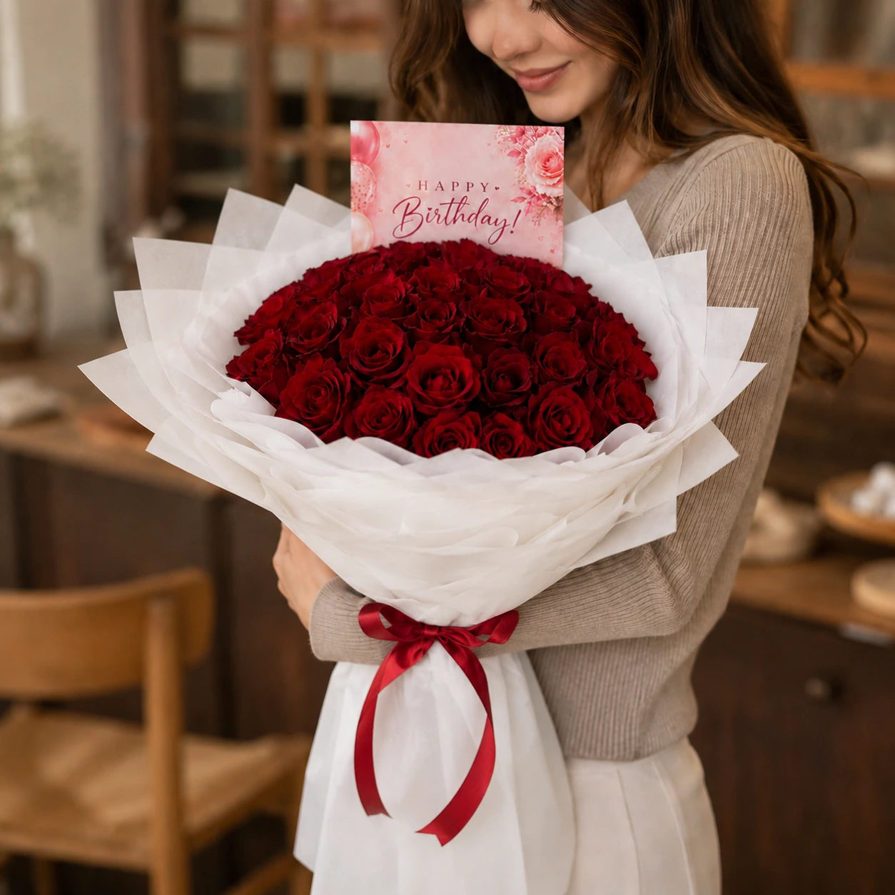 Woman holding a large bouquet of red roses with a 'Happy Birthday' card in a blurred indoor setting.