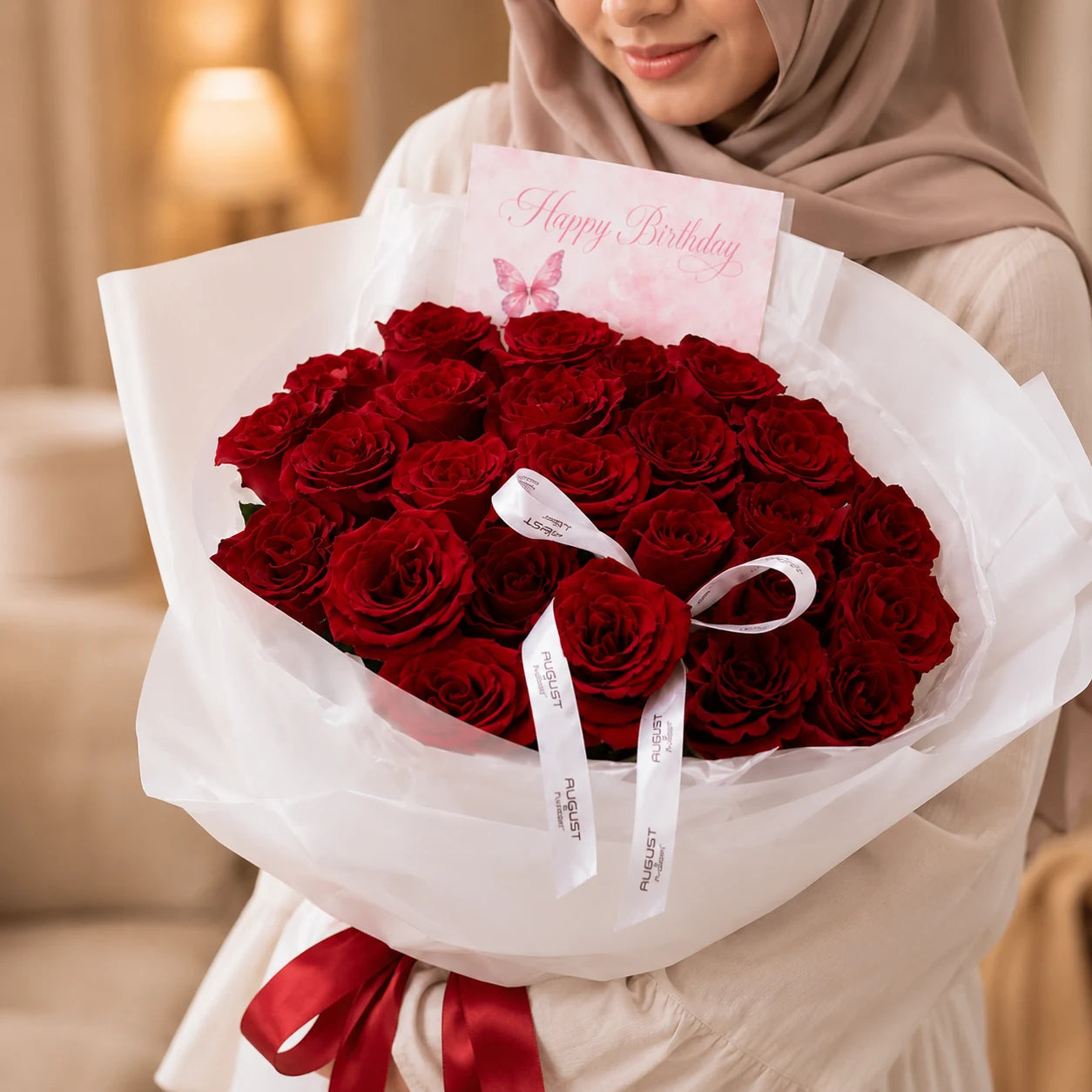 Girl holding Happy Birthday Flower Large Red Bouquet