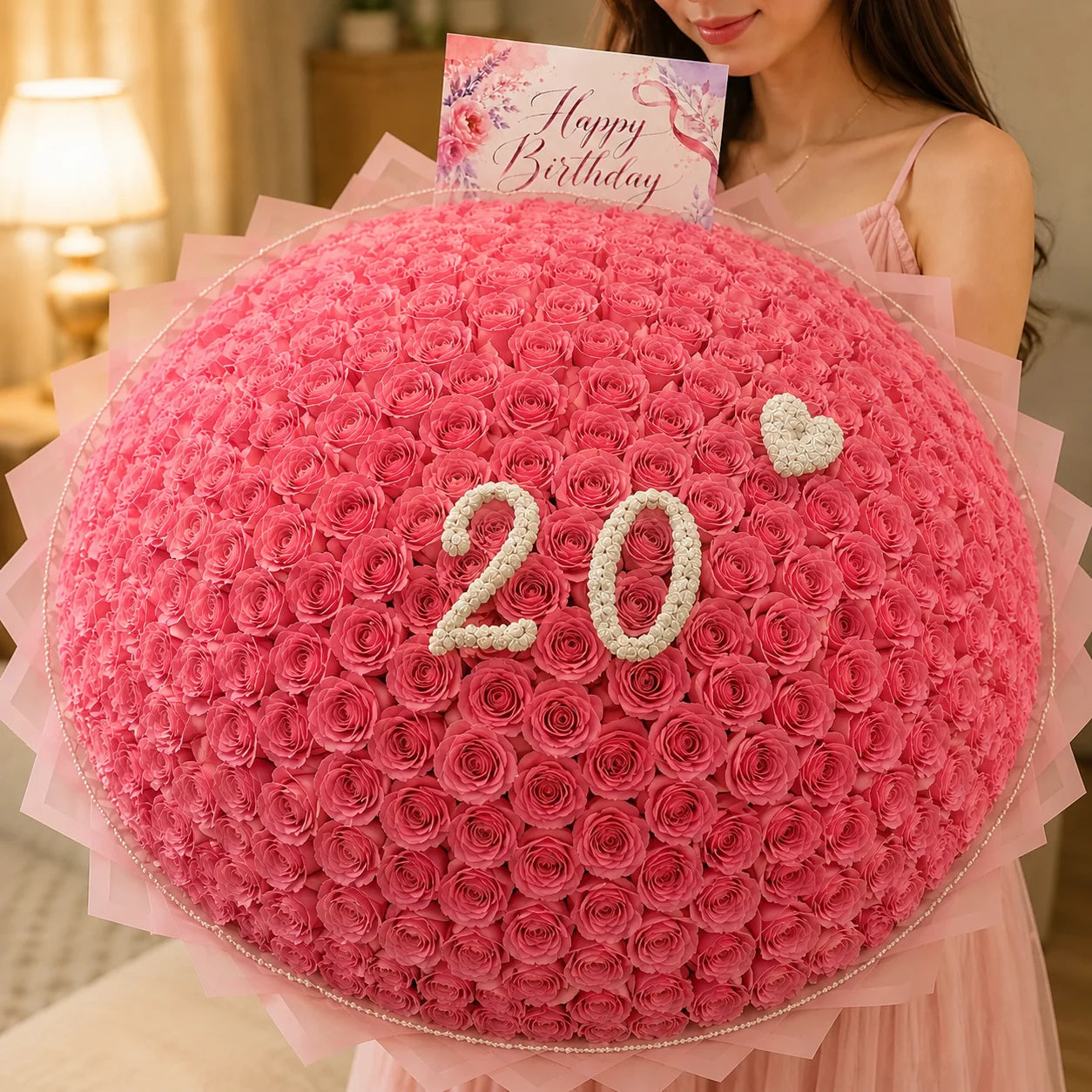 Girl holding a large Pink Birthday Flower Bouquet with numbers on it