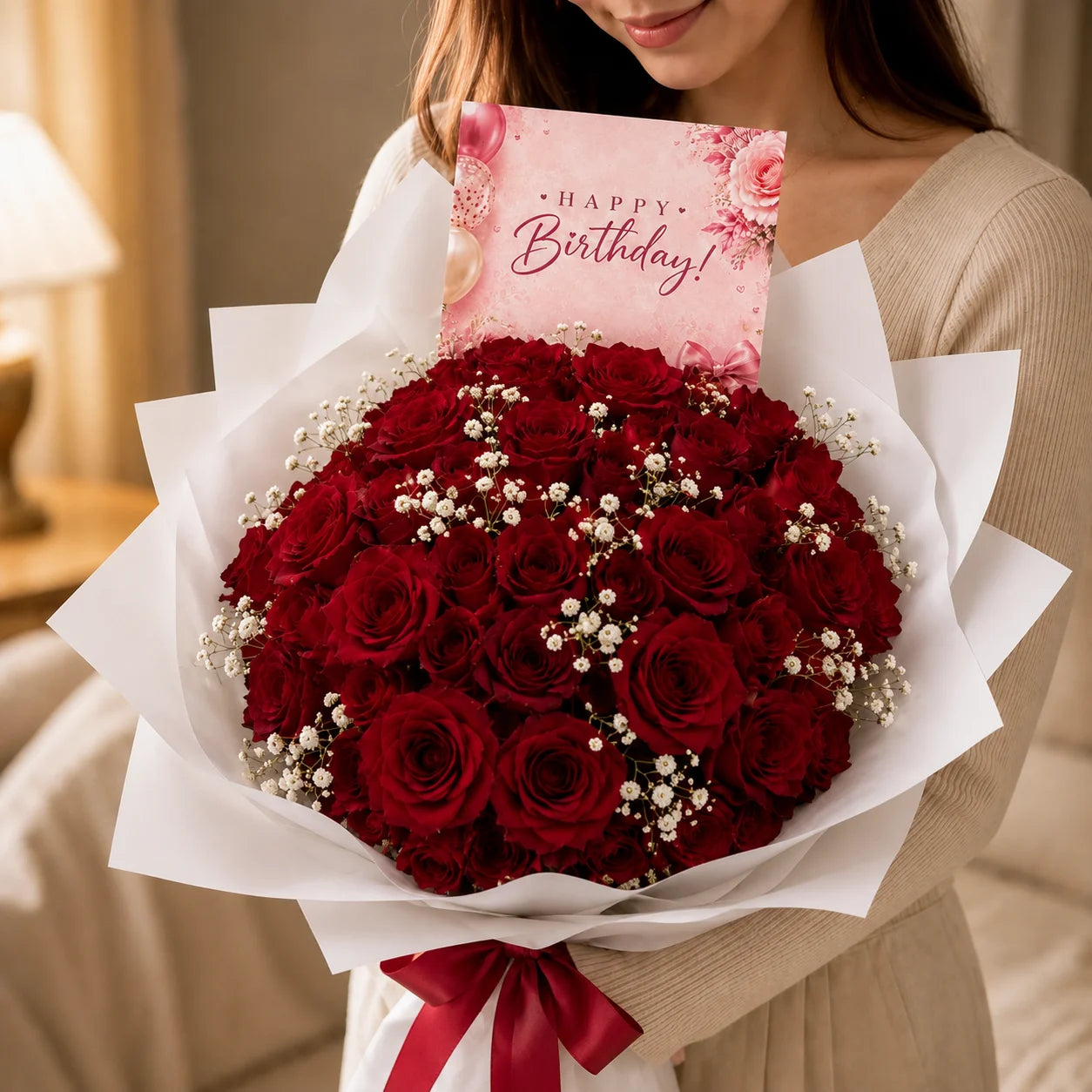 A girl holding a happy birhtday Bouquet of red roses with a 'Happy Birthday!' card