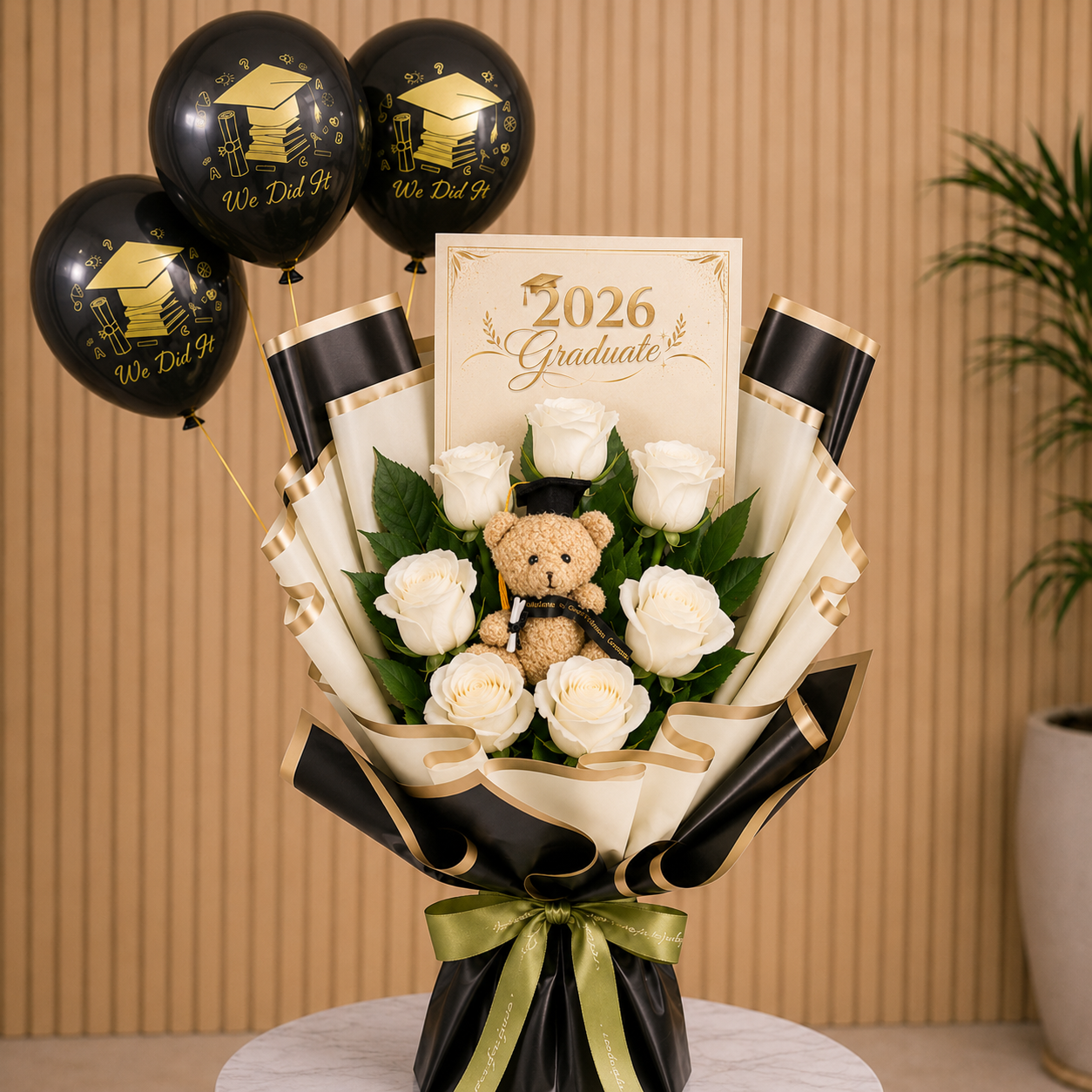 Graduation White Rose Bouquet