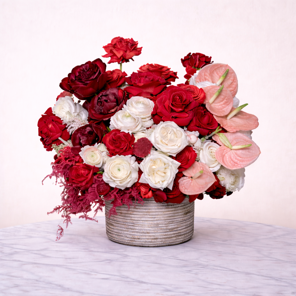 Red & White Roses with Anthurium 101 - Premium flower arrangement with same day delivery in Dubai and UAE
