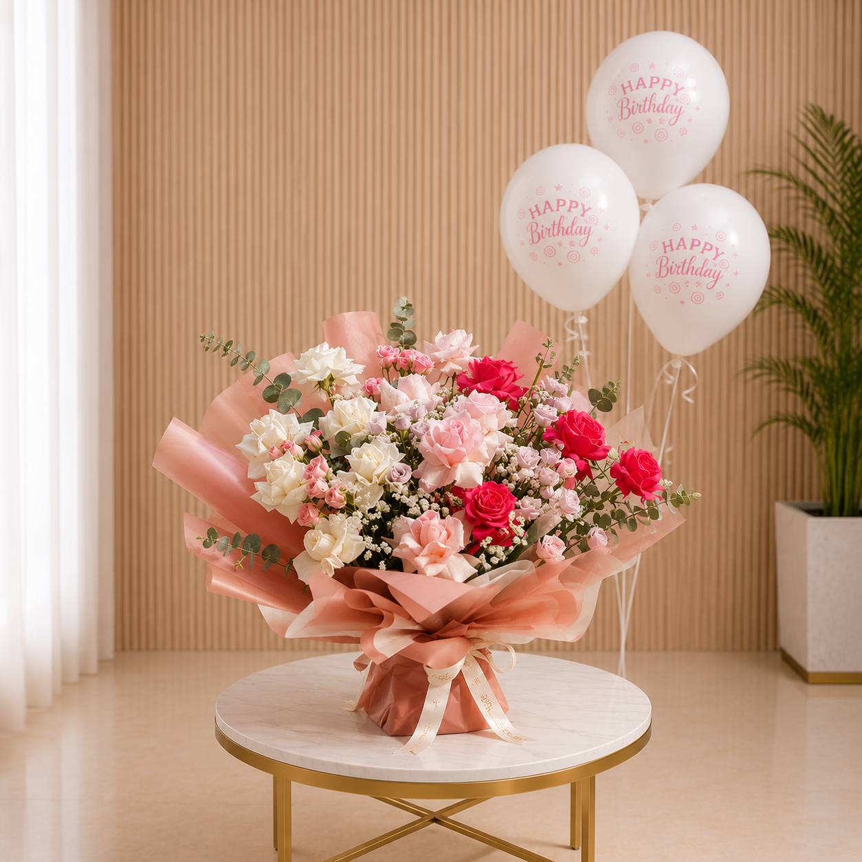 Happy Birthday Surprise Bouquet With Balloons helium balloon same day delivery Dubai