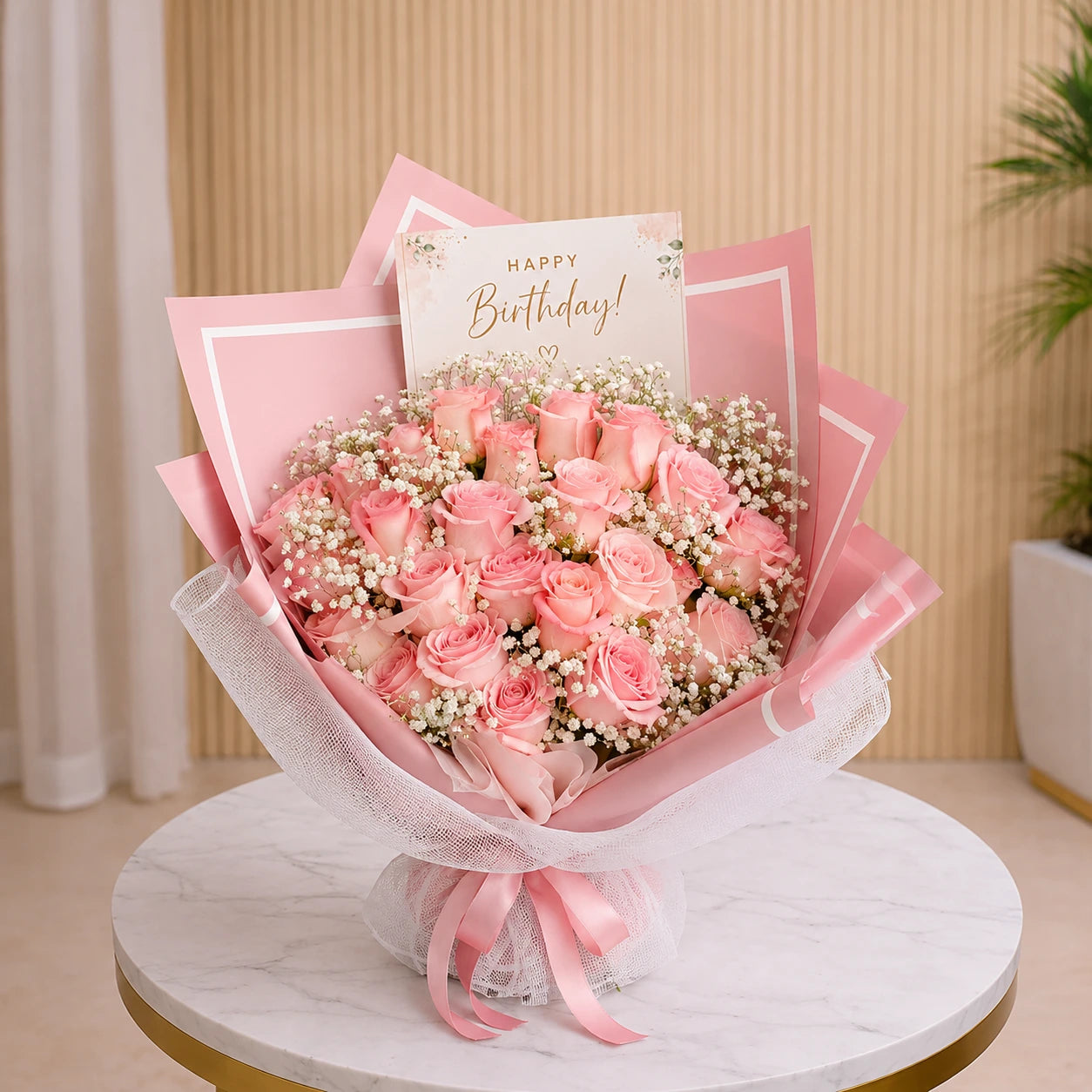 Happy birthday Bouquet of pink roses with a 'Happy Birthday!' card on a white marble surface.