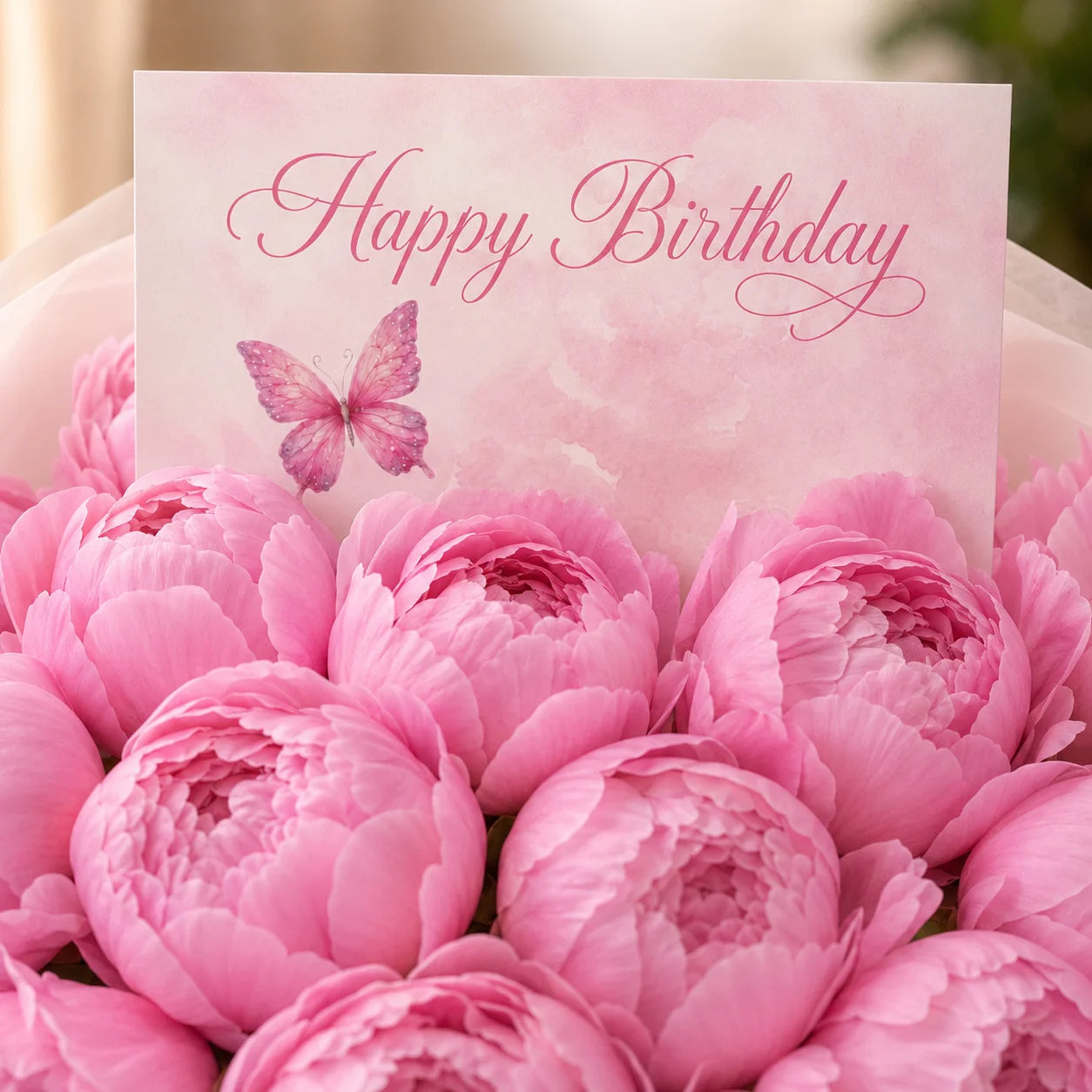 Happy Birthday Flowers peonies bouquet with a card saying "Happy Birthday"