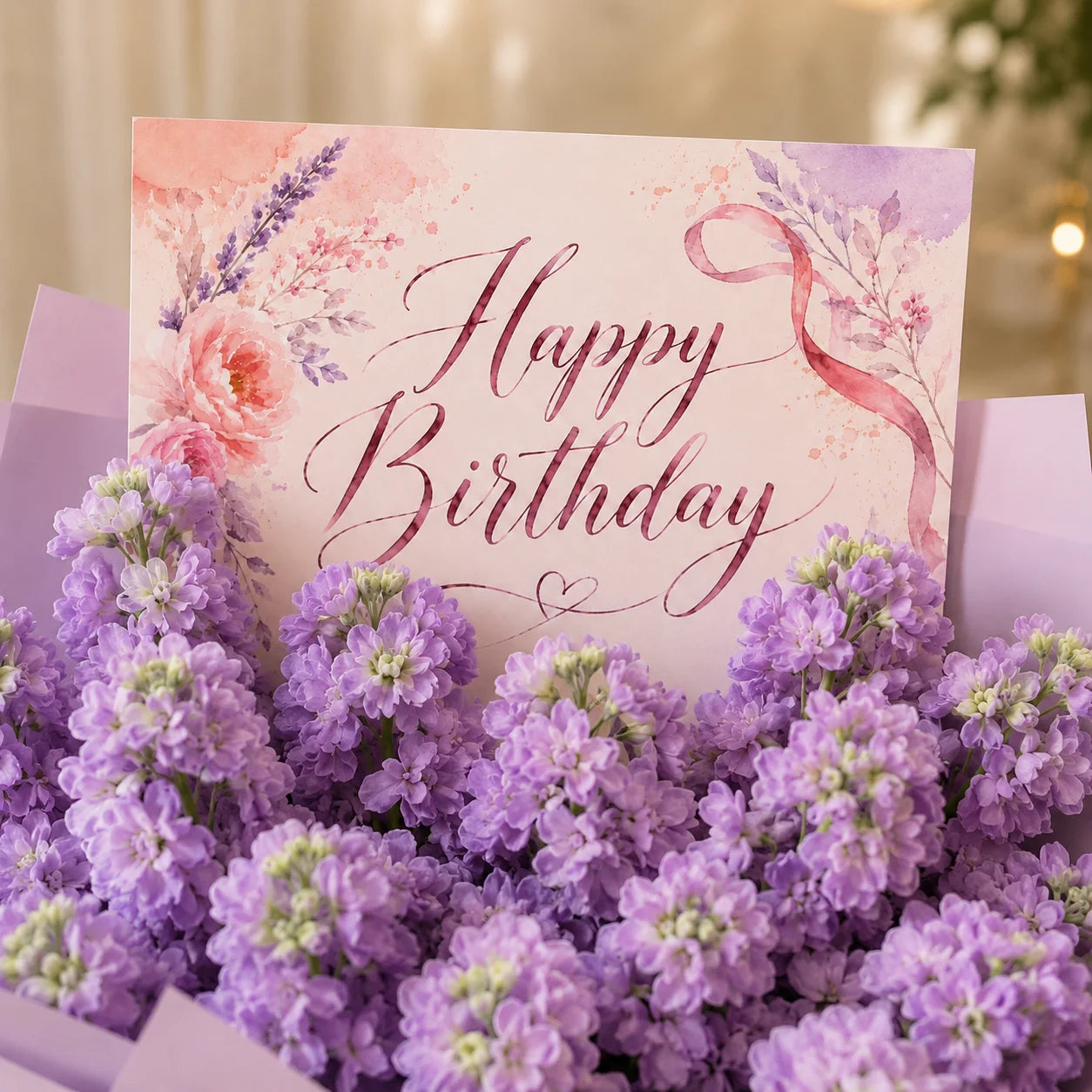 Happy Birthday Purple Flowers Bouquet with paper saying "Happy birthday"