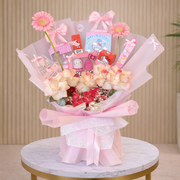 Hello Kitty MakeUp Bouquet of flowers with Hello Kitty-themed products wrapped in pink paper.