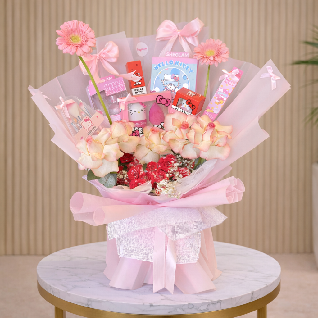 Hello Kitty MakeUp Bouquet of flowers with Hello Kitty-themed products wrapped in pink paper.