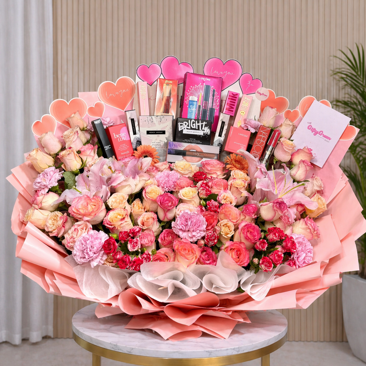 Makeup big VIP Bouquet of flowers with beauty products on a marble table