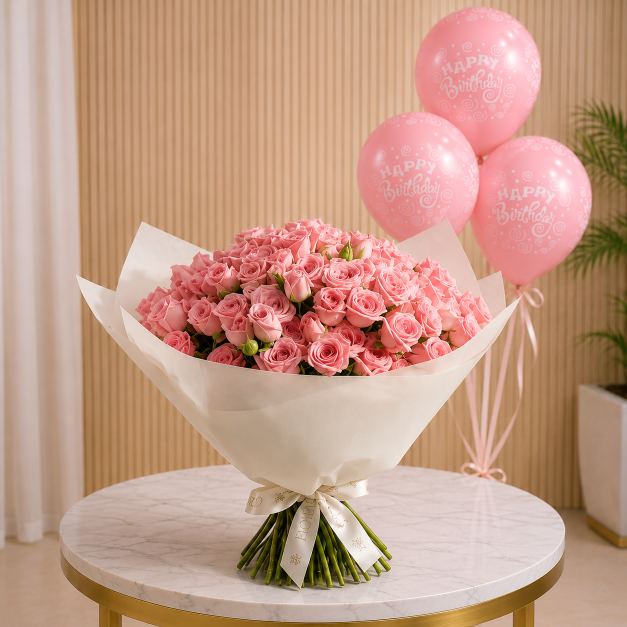 Pink Baby Roses Happy Birthday Bouquet With Pink Balloons helium balloon same day delivery Dubai