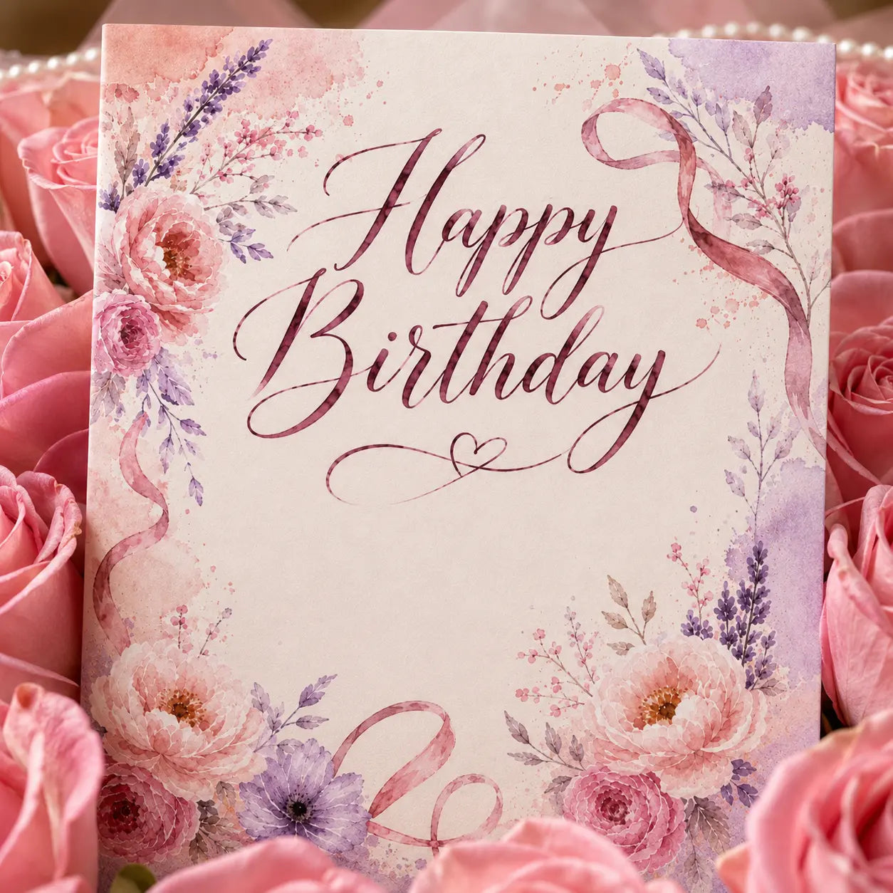 Pink birthday flowers close up shot with a card saying "Happy Birthday"