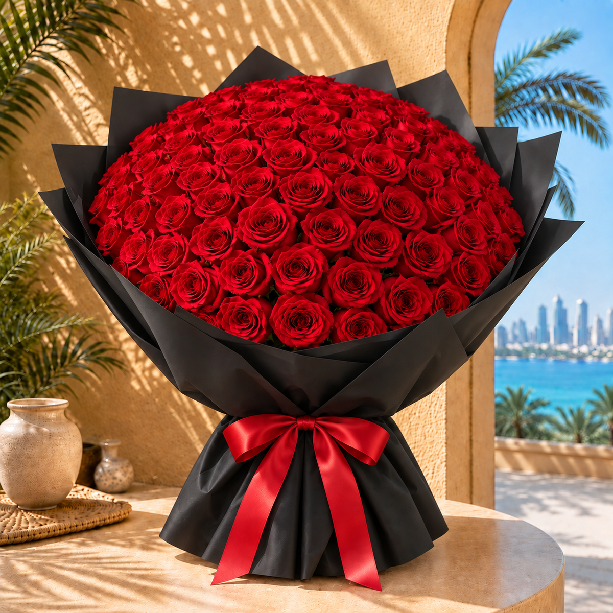 Red roses in black wrapping