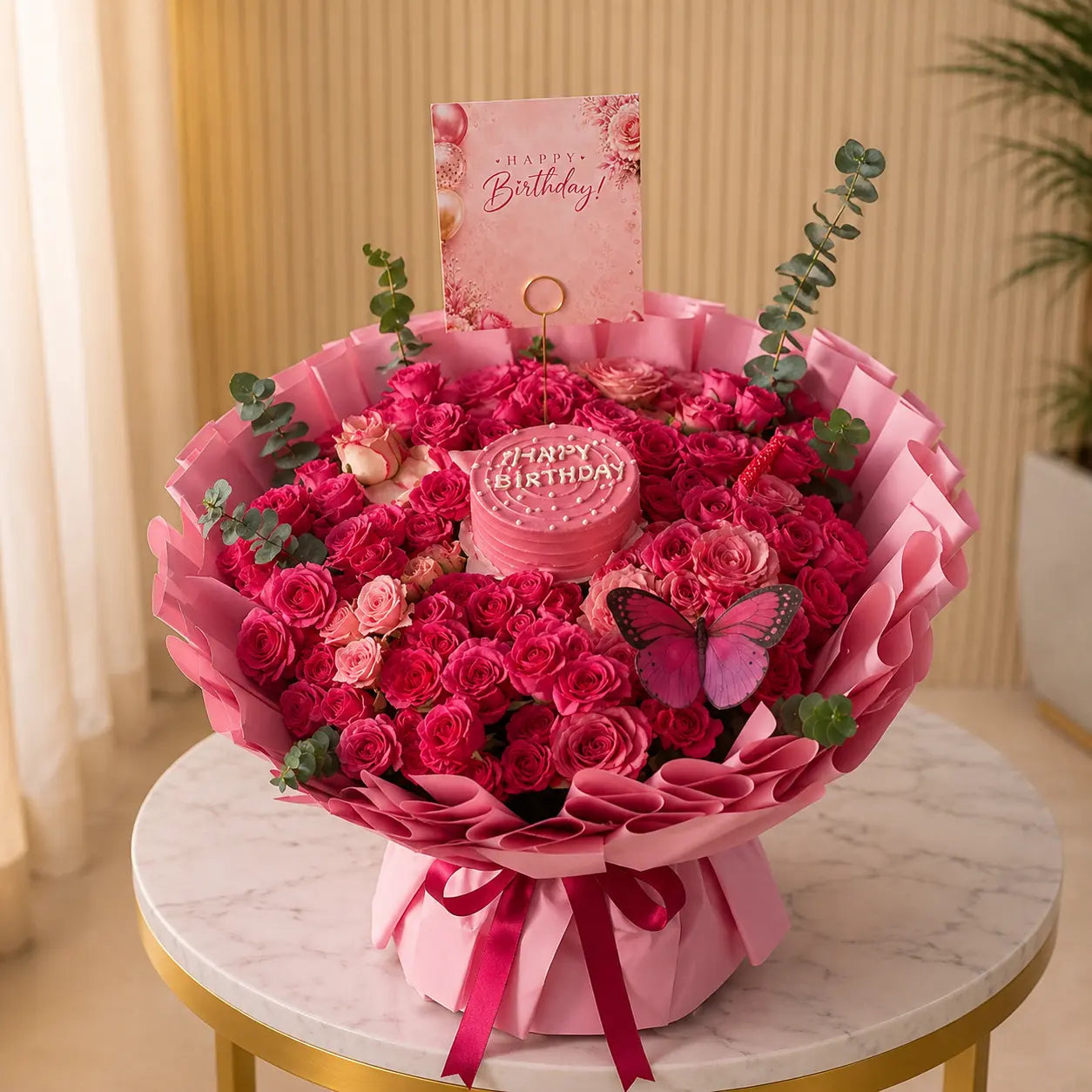 Rose Birthday Bouquet with cake