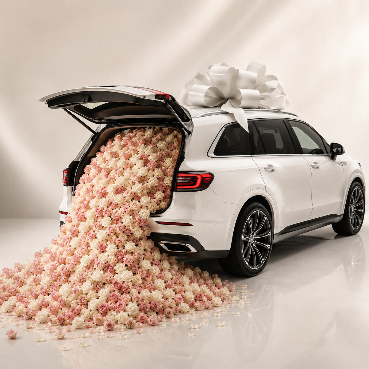 Royal Blush Roses SUV Decor with Giant Bow luxury flower SUV decoration Dubai