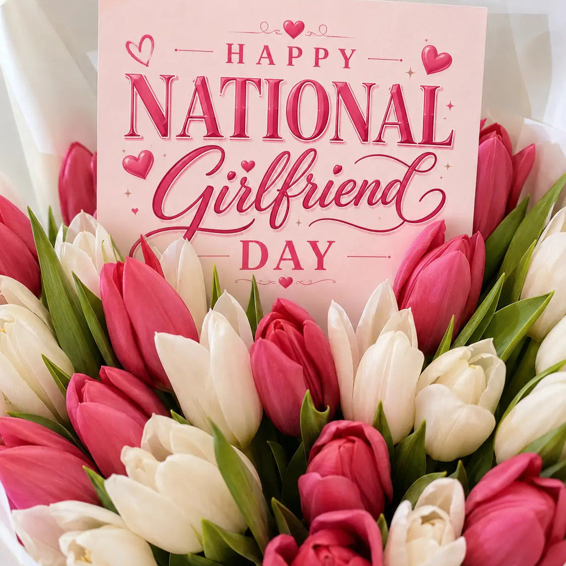 A bouquet of pink and white tulips wrapped in white paper, featuring a pink card that reads 'HAPPY NATIONAL GIRLFRIEND DAY' with small heart details.
