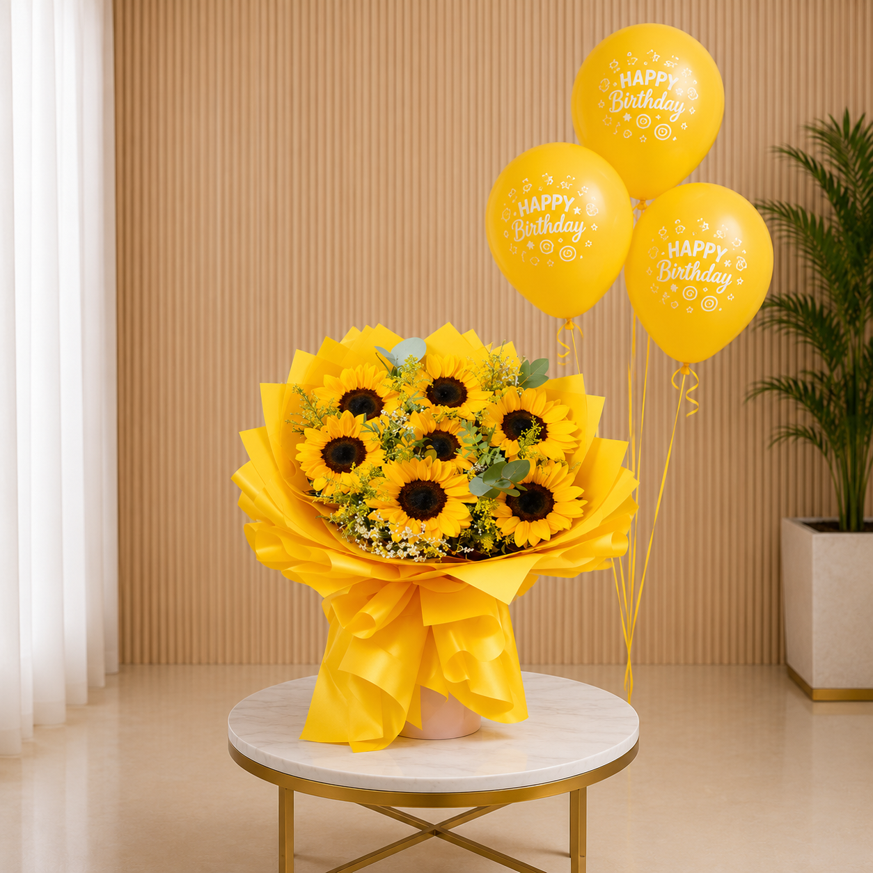 Sunflower Birthday Bouquet with Balloons helium balloon same day delivery Dubai