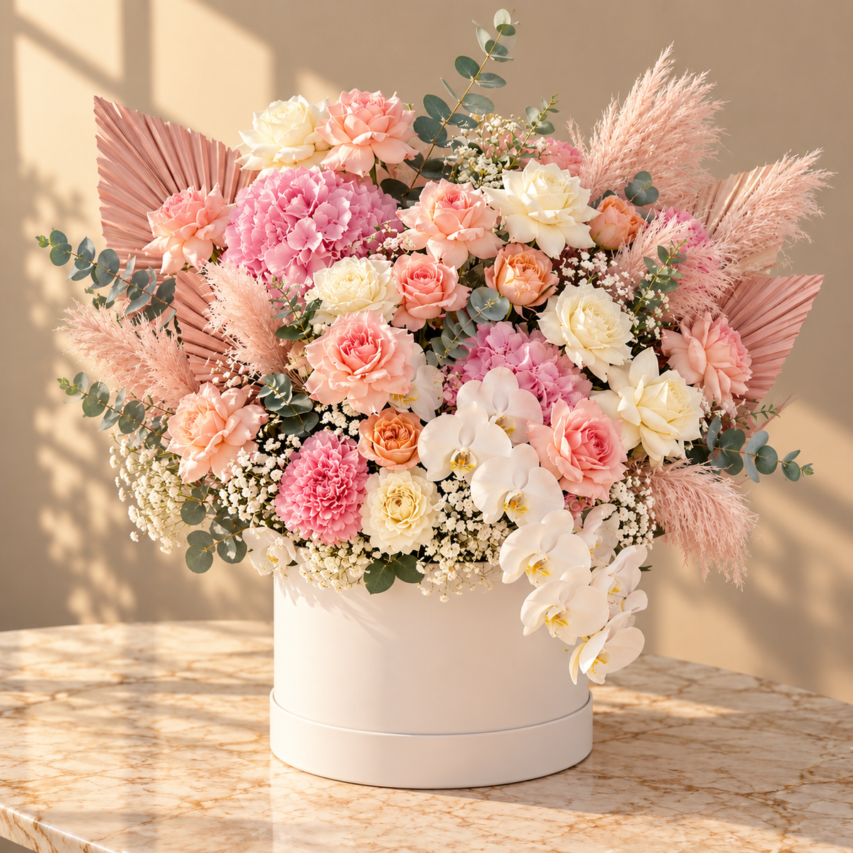 Caught in Love — Luxury Peach & Pink Flower Box – premium flowers same day delivery Dubai