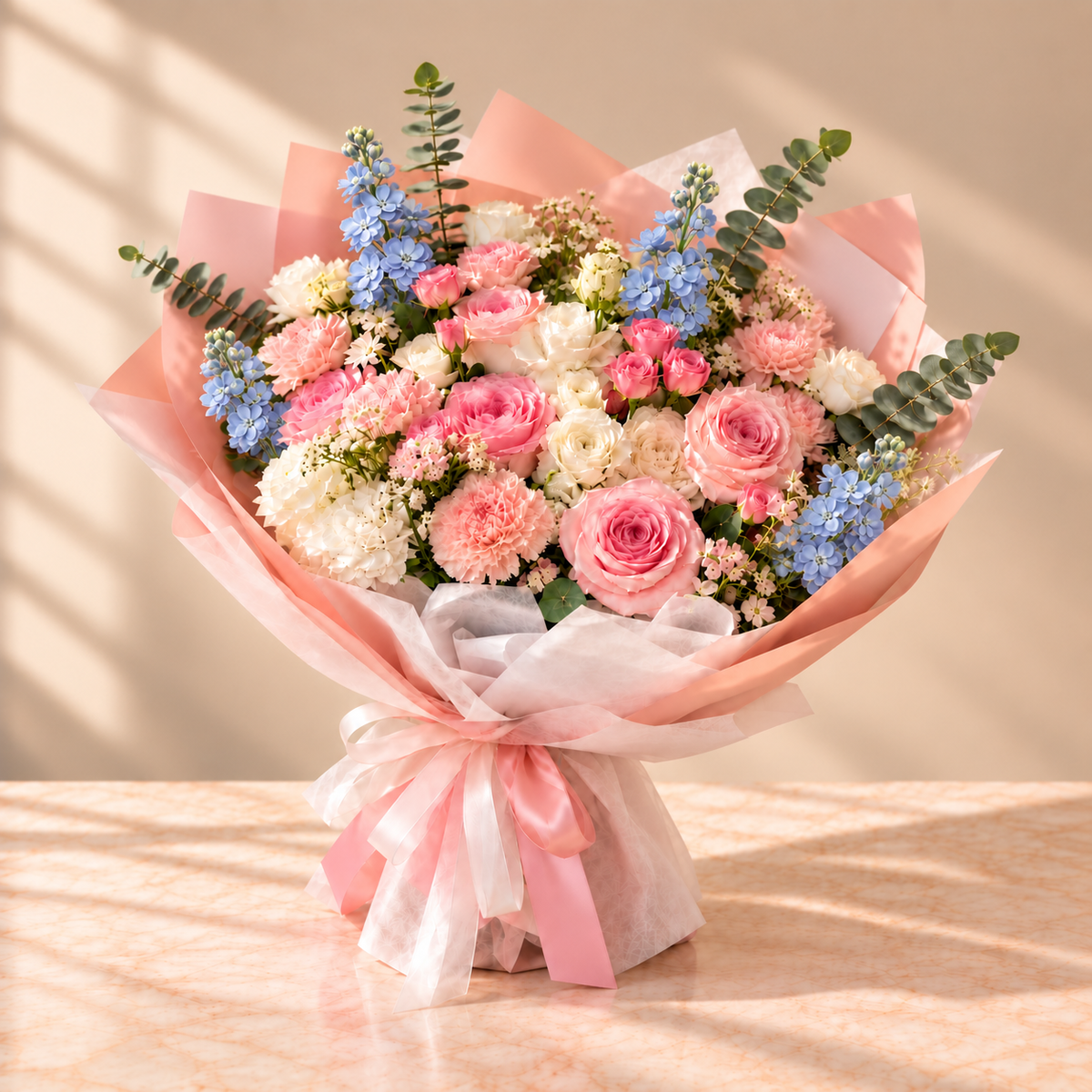 Cloud Nine — Pastel Pink & Blue Flower Bouquet – premium flowers same day delivery Dubai