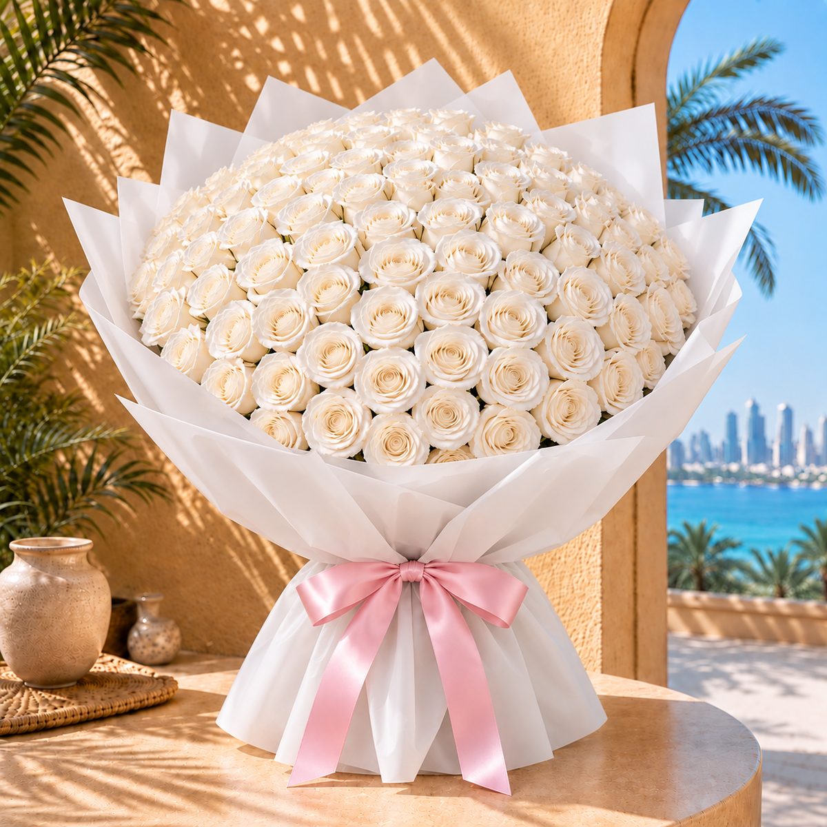 A large bouquet of white roses wrapped in white tissue paper with a pink ribbon bow, displayed on a wooden table with a beach and city skyline in the background.