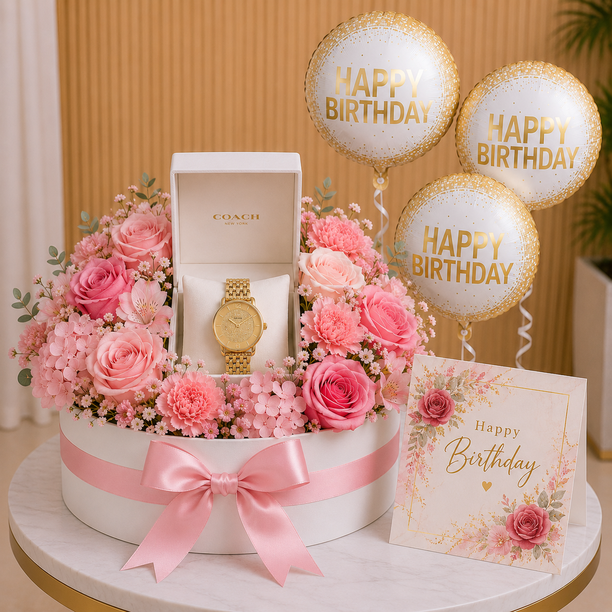 Women Birthday Gift - COACH ROUND ANALOG WOMEN'S GOLD CASE WATCH premium gift with same day delivery Dubai