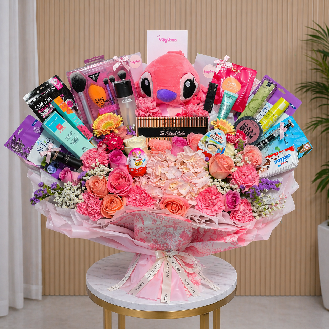 World’s Most Luxurious Makeup Bouquet with Pink Roses + Stitch