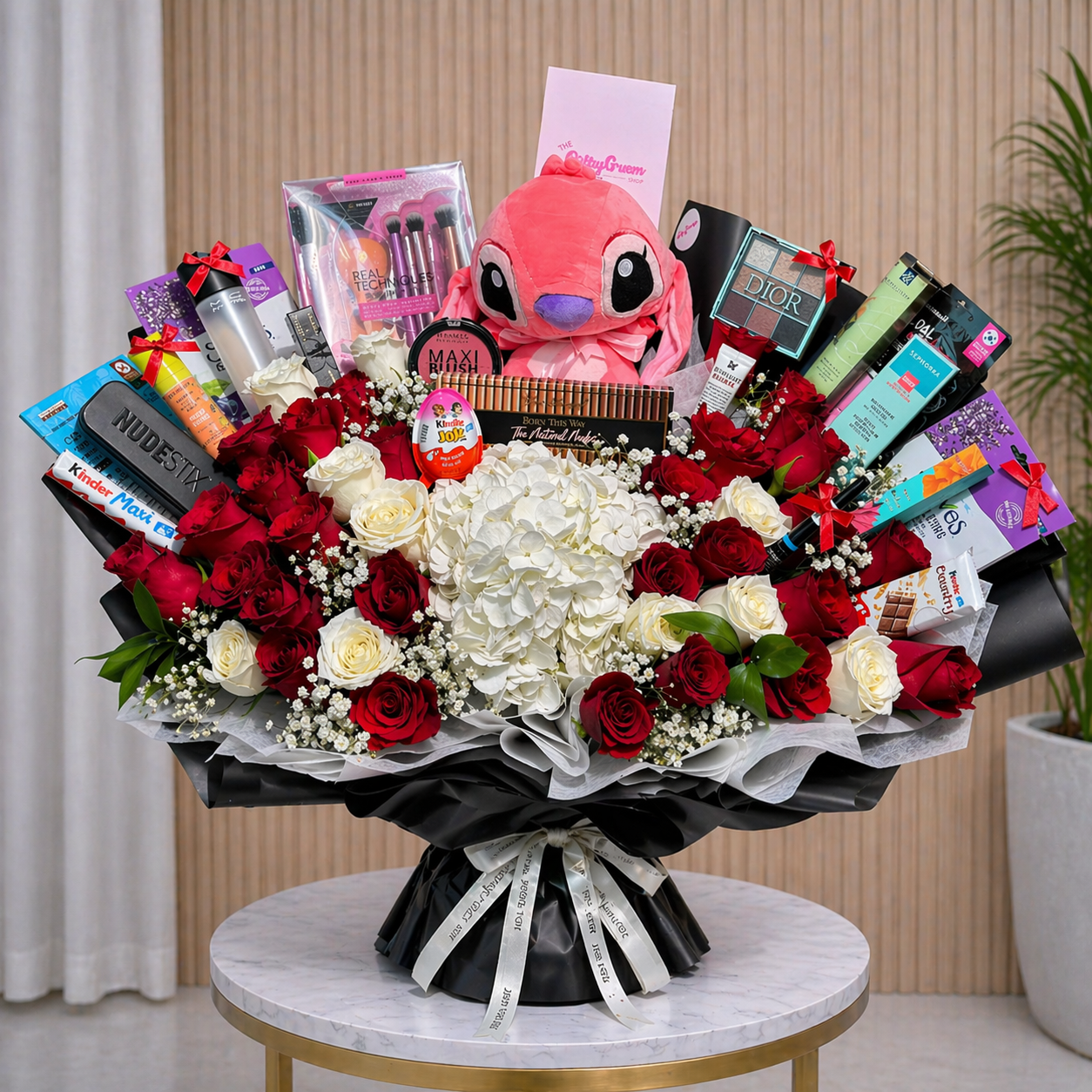 World’s Most Luxurious Makeup Bouquet with Red Roses + Stitch