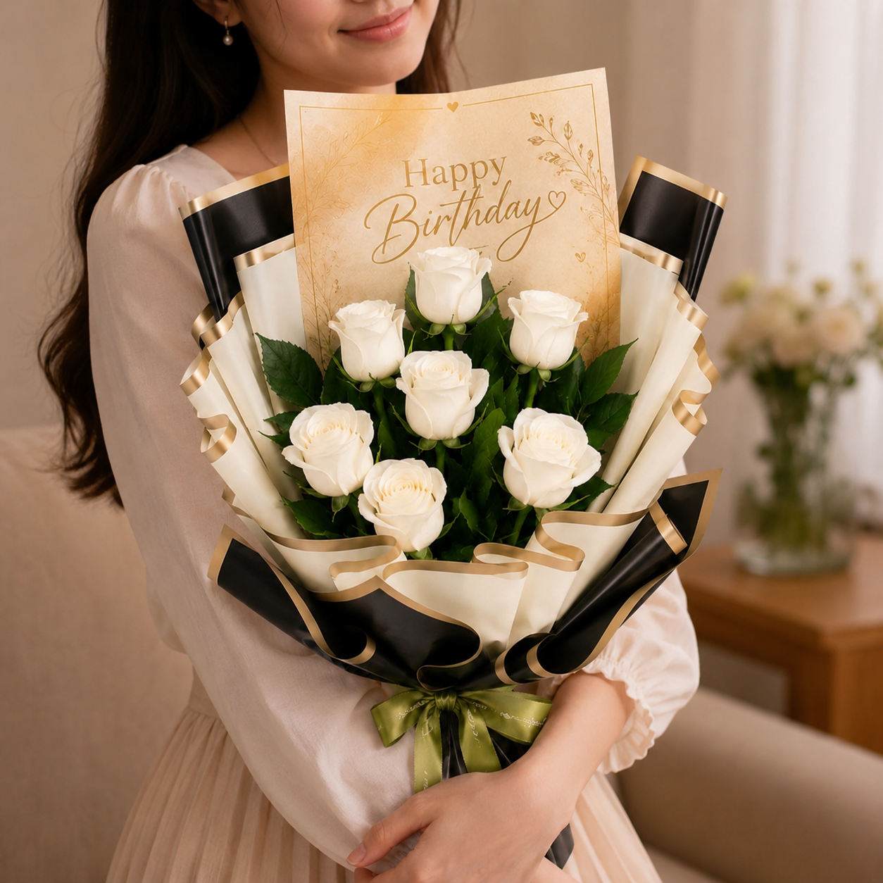Happy birthday bouquet - 7 White roses
