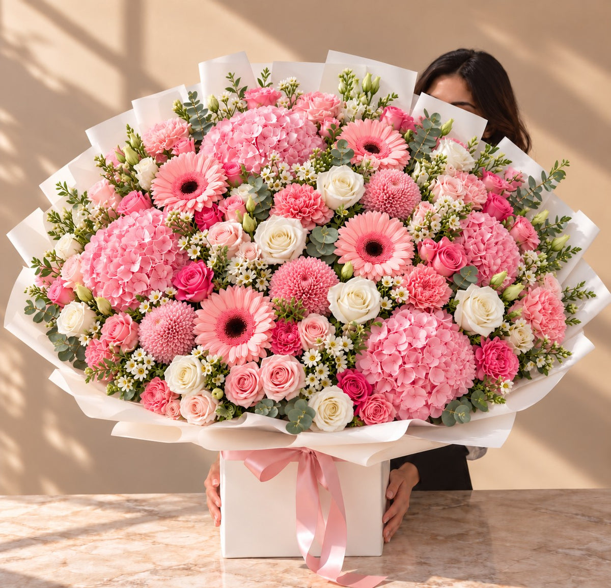 Blush Crush luxury pink hydrangea, gerbera and pink rose bouquet in a white gift box – same day flower delivery Dubai